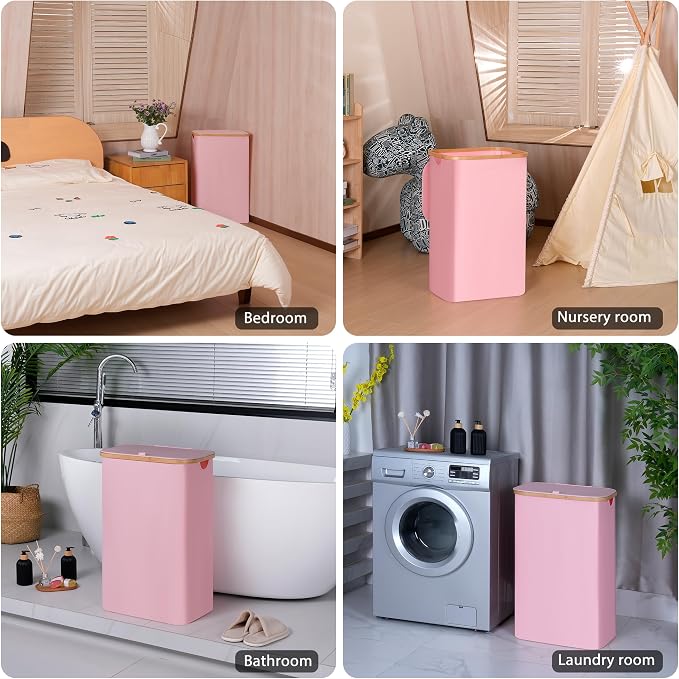 100L Laundry Hamper with Lid, Lagre Basket with Bamboo Handles,Foldable Clothes Hamper Tall Dirty Laundry Basket for Clothes Toys Towels Organizing,Pink - Image 3