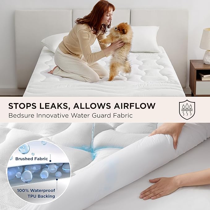 Bedsure Waterproof Mattress Protector Queen Size - Quilted Fitted Waterproof Mattress Pad Topper with 8-21 Inches Deep Pocket, Noiseless Bed Cover Padded, Machine Washable,White, 60x80 Inches