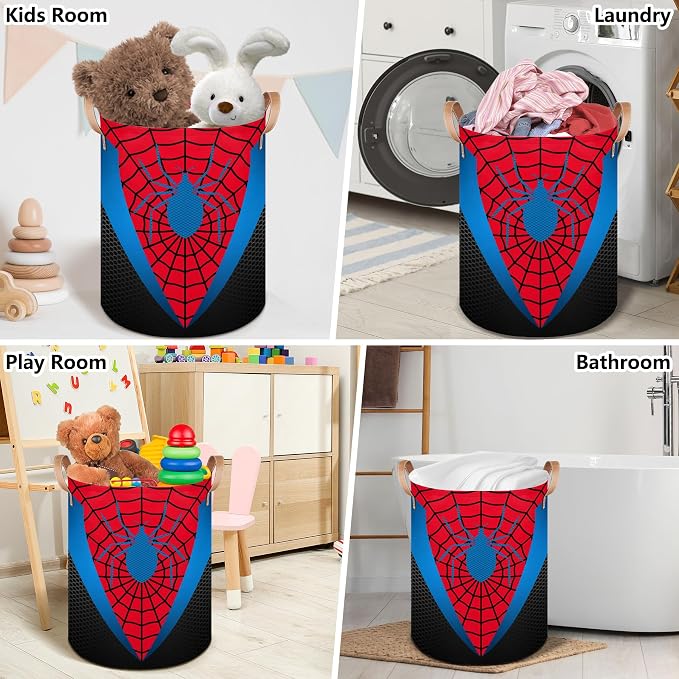 Red Spider Web Large Laundry Hamper Basket, Round Collapsible Storage Organizer Bin for Kids, Boys, Nursery, Closet, Bedroom, Playroom, Toys, Dirty Clothes, 16"W x 20"H - Image 5