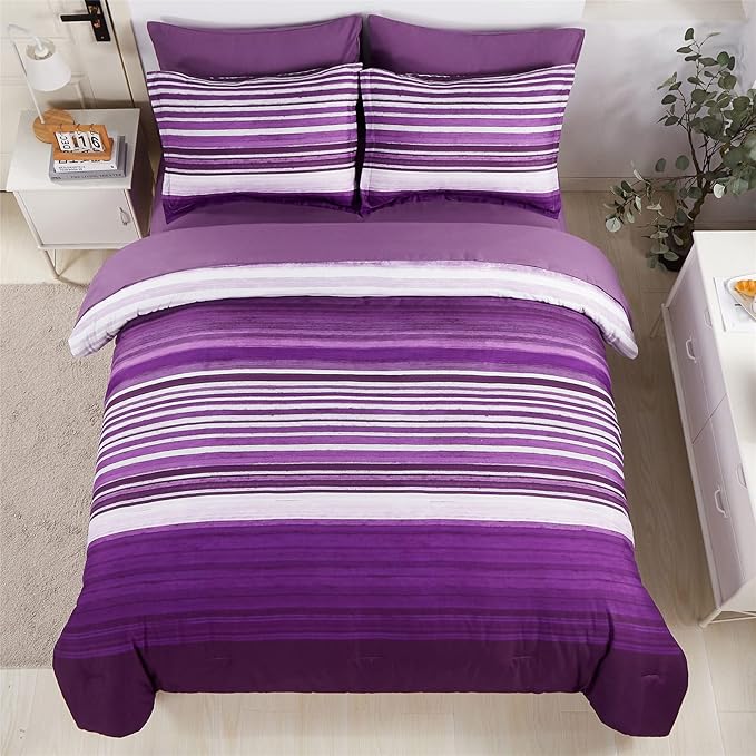 KAKIJUMN 7 Piece Bed in a Bag Stripe Comforter Set King Size, White and Purple Patchwork Striped Comforter and Sheet Set, All Season Soft Microfiber Complete Bedding Sets(Purple,King)