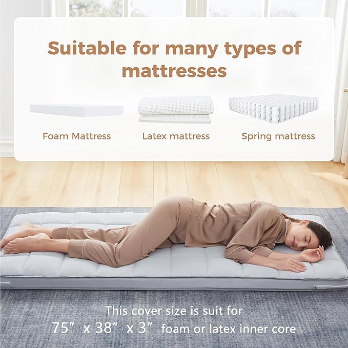 3Inch Twin Mattress Topper Cover(Only Cover),Cot Mattress Protector Bedding,Foam and Latex Mattress Cover with Zipper,Pillow Top and Bottom(75 x 38”) Gray