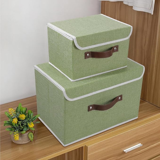 ANMINY 4PCS Storage Bin with Lid Storage Boxes with PU Leather Handles PP Plastic Board Decorative Foldable Lidded Cotton Linen Fabric Home Cubes Baskets Closet Organizer Container - Green, Medium - Image 7