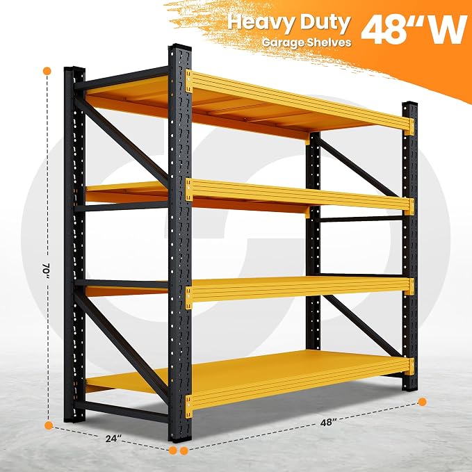 48" W Metal Garage Shelf Heavy Duty, 3000LBS Metal Shelving Units, 4 Tier Tall Steel Shelving, 24" Deep Steel Shelf Rack , Adjustable Utility Standing Shelf for Warehouse/Shop 48"W x 24"D x 70"H - Image 2