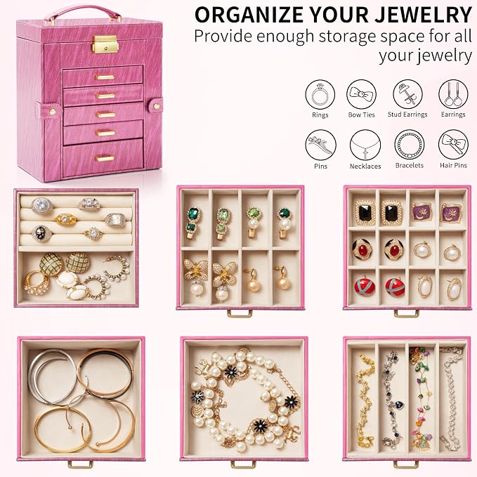 AKOZLIN 6-Tier Jewelry Box Lockable Leather Jewelry Storage Case with 5 Drawers for Women Girls Ring Necklace Earring Bracelet Holder Organizer with Mirror Rose - Image 4