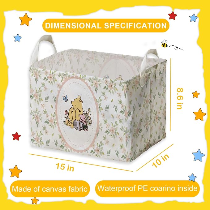 Winnie Nursery Storage Basket With A Waterproof PE Coating,The Pooh Nursery Baby Stuff Storage Baskets Suitable For Bathroom and Bedroom, Foldable Large Canvas Laundry Hamper - Image 2