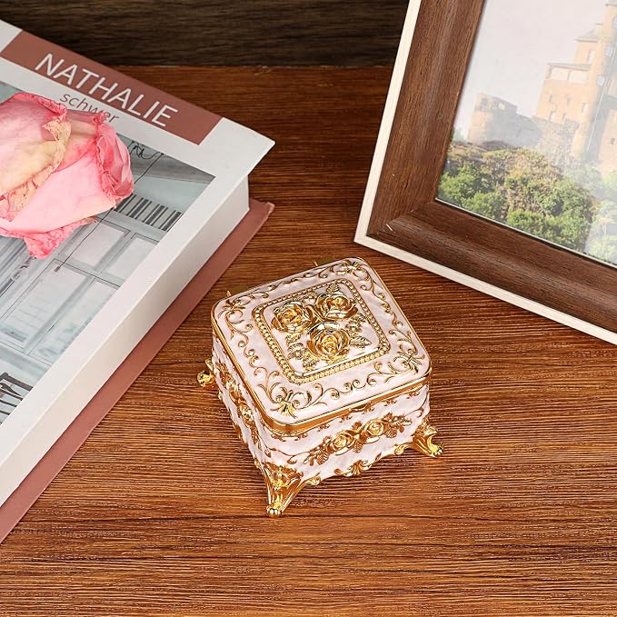 Hipiwe Vintage Jewelry Box Trinket Organizer Enameled Metal Treasure Chest Ring Holder Earrings Storage Case Decorative Keepsake Box Gift for Women, Small 3"x3"x2.4" - Image 5