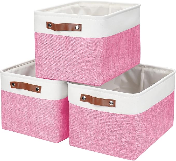 Bagnizer Storage Bins Large Fabric Storage Baskets for Shelves 3 Pack, Decorative Linen Closet Baskets with Handles for Organizing, Shelf, Clothes, Home, Office, 15x11x9.5Inches (Pink&White) by Bagnizer