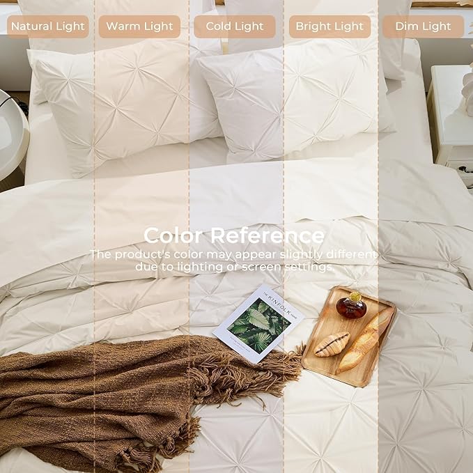 Sasttie Twin XL Comforter Set, 5-Piece Bed in a Bag, Pintuck Bedding Sets for All Season, Includes Comforter, Flat Sheet, Fitted Sheet, Pillowcase and Pillowsham, Beige