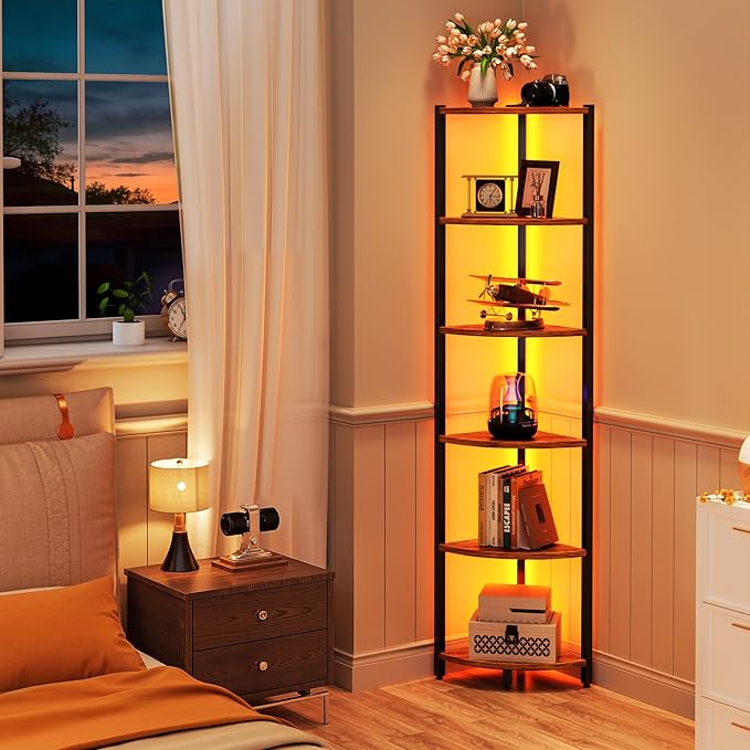 Corner Shelf with LED Lights, 6-Tier Corner Bookshelf, 66'' Organizer Book Shelf Shelves Steel Frame Display Stand with Living Room, Bedroom, Study, Rustic Brown - Image 5