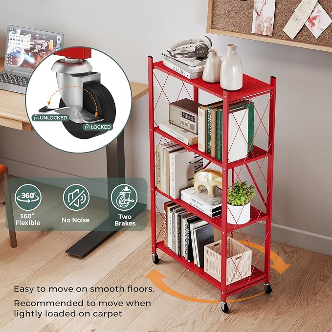 DEANIC 4 Tier Foldable Storage Shelves with Wheels, Large Capacity Shelving Unit, Freestanding Metal Wire Shelf Rack, No Assembly Organizer Rack for Garage Kitchen, Basement, Pantry(Red Pack of 2) - Image 7
