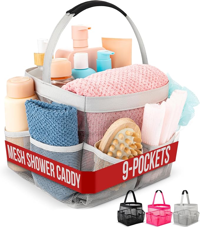 Masirs Mesh Shower Caddy – 9 Pocket Portable Shower Caddy Organizer for College Dorm, Travel, Gym, Bathroom – Quick Dry, Lightweight Tote Bag for Toiletries & Essentials, Gray by Masirs