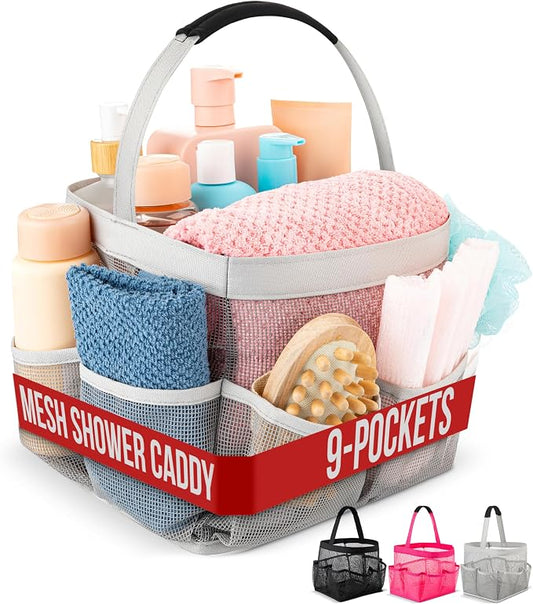 Masirs Mesh Shower Caddy ?€? 9 Pocket Portable Shower Caddy Organizer for College Dorm, Travel, Gym, Bathroom ?€? Quick Dry, Lightweight Tote Bag for Toiletries & Essentials, Gray by Masirs