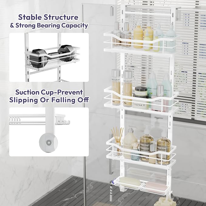 SWTYMIKI Over the Door Shower Caddy - 4 Tier Adjustable Shower Organizer Hanging with Soap Holder, No Drilling Stainless Steel Bathroom Rack Hanging for Body Wash, Shampoo, Soap, Razor, White - Image 5