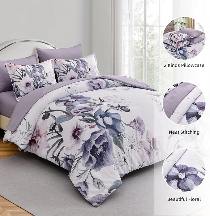 Luxudecor Floral Comforter Set Queen Size 7 Piece, Purple Flower Bed in a Bag, Elegant Floral Comforter with Sheet Set, Soft Microfiber Bedding Set for All Season (Purple, 90"x90")