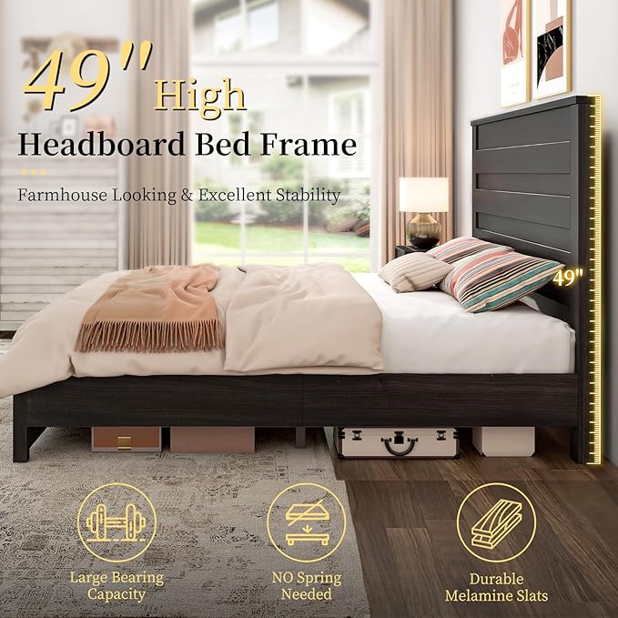 LUXOAK 3 Pcs Bedroom Furniture Sets - Includes Farmhouse Full Size Bed Frame with 49" Tall Headboard and Nightstand Sets of 2 with Charging Station, Slated Handles & Stainless Steel Feet, Black