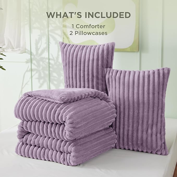 Bedsure King Comforter - GentleSoft™ 3 Pieces Double-Side Fleece Fluffy Lavender Comforter Set, Cozy Striped Room Decor Aesthetic, Luxury King Size Bedding with 2 Pillowcases, 104x90 Inches