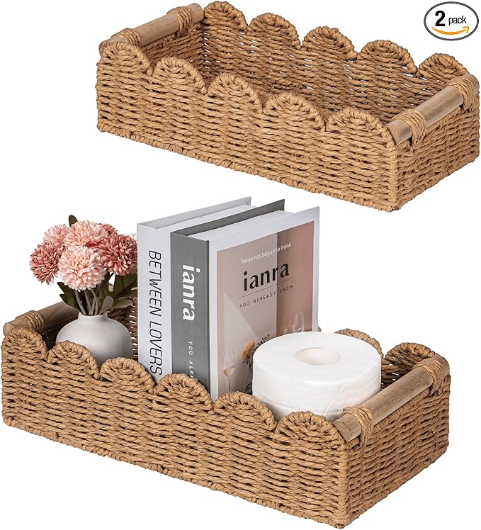 CubesLand Toilet Paper Storage Basket, Scalloped Edge Shelves Basket for Organizing for Over Toilet Tank Storage, Home Decor Baskets for Shelf, Countertop, Living Room, Bedroom, Handwoven, Neutral by CubesLand