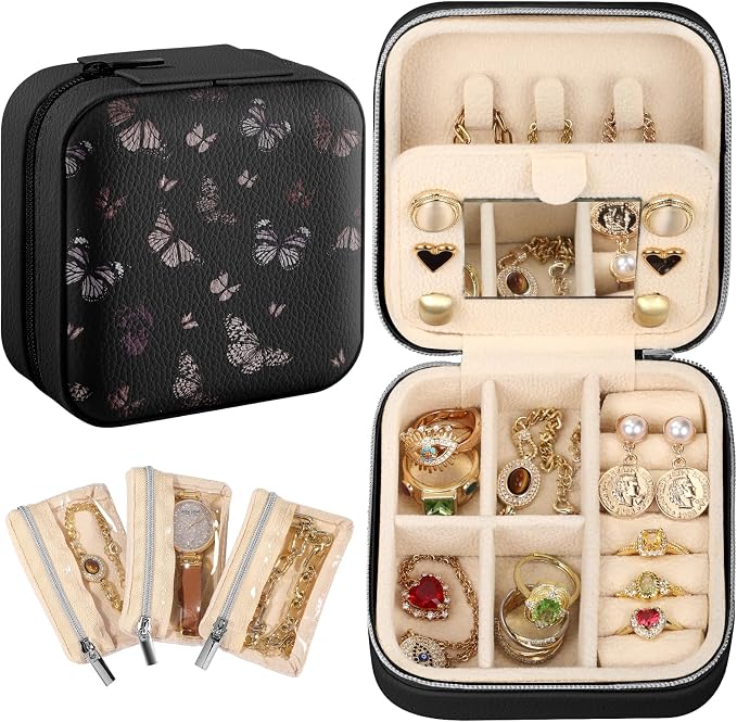 Bistup Travel Jewelry Case - Small Jewelry Organizers and Storage Box for Women Girls Teens Cute Traveling Jewelry Holder Mirror Little Tiny Compact Modern Unique Aesthetic Pretty, Black Butterfly by Bistup