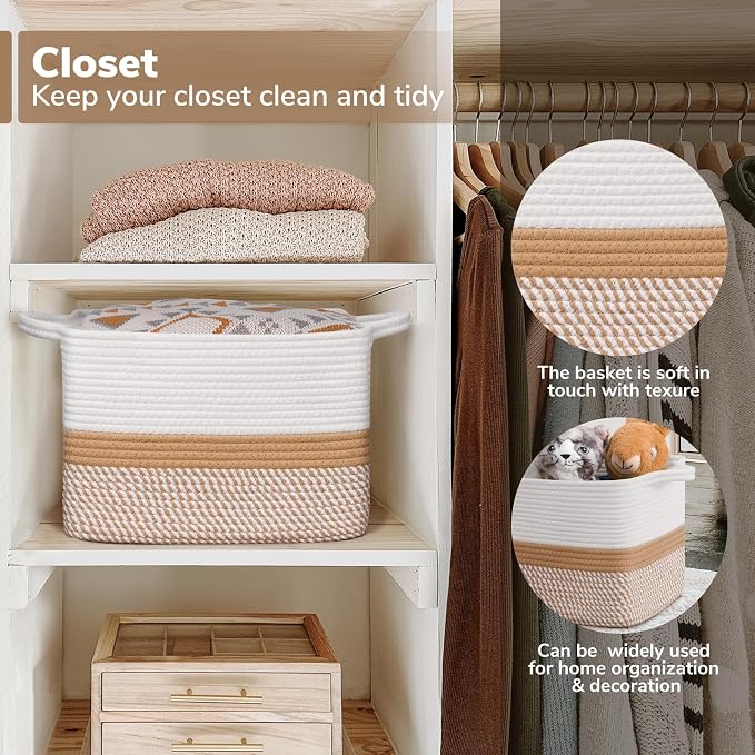 Goodpick Woven Storage Baskets for Organizing, Cotton Rope Organizer for Home Decor, 13"x10"x9" Gift Baskets Empty for Kids, Rectangle Laundry Basket with Handles, White & Camel Mix - Image 5