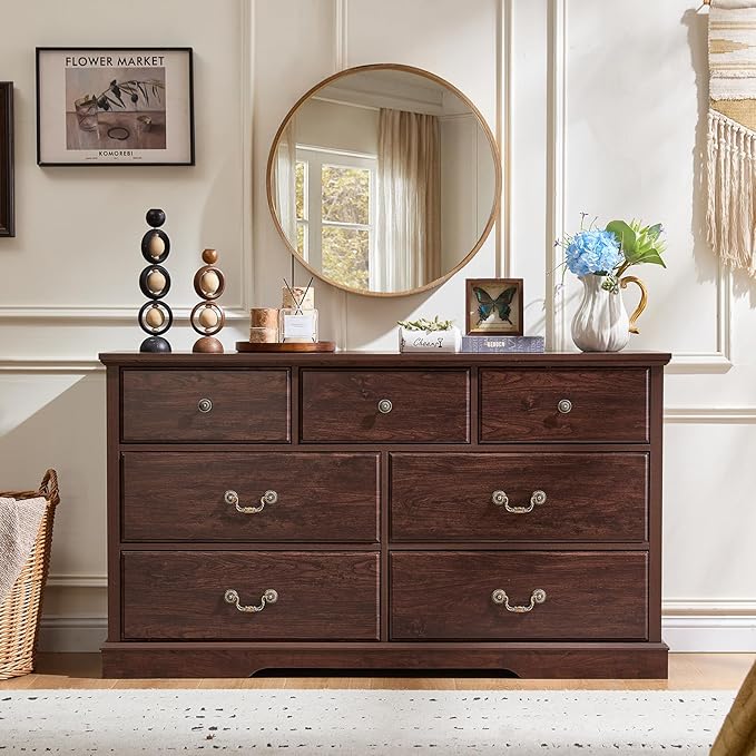Farmhouse Dressers & Night Stand Set of 4,54" Wide 7 Drawer Dresser & 45" Tall Chest of Drawers, 18" Wide 2 Drawers End Table with Charging Station Set of 2,Furniture Dresser Sets for Home Walnut