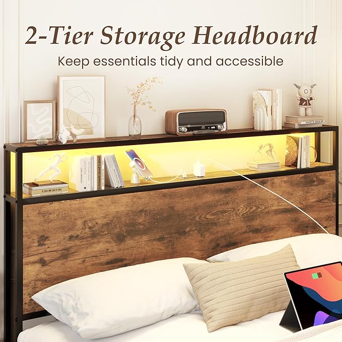 Lifezone Queen Bed Frame with 2-Tier Storage Headboard, Metal Bed Frame with Storage Drawers & Built-in Charging Station & LED, Noise-Free, No Box Spring Needed, Easy Assembly, Retro Brown