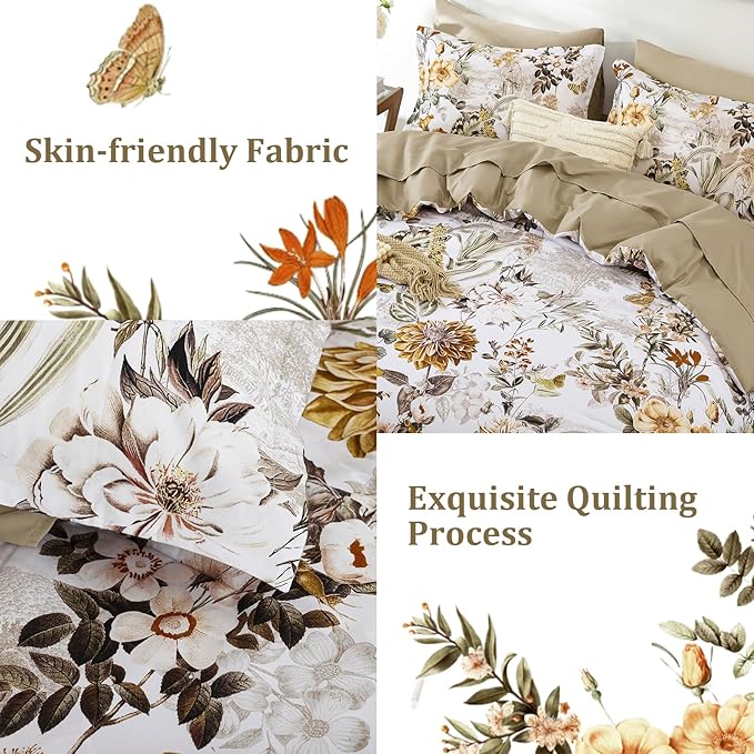 WONGS BEDDING 7 Pieces Bed in a Bag, Brown Comforter Set King Size, Colorful Botanical Flowers Leaves Pattern Bedding Set with Comforter, Sheets, Pillowcases & Shams