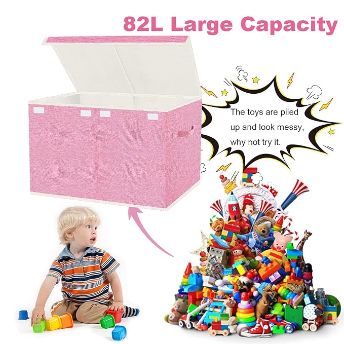 VERONLY Large Collapsible Toy Storage Box with Lid & Handles - Kids Organizer Chest for Toys, Clothes, Blankets (Pink, Nursery, Playroom, Bedroom)-24.5''×13''×16'' - Image 5