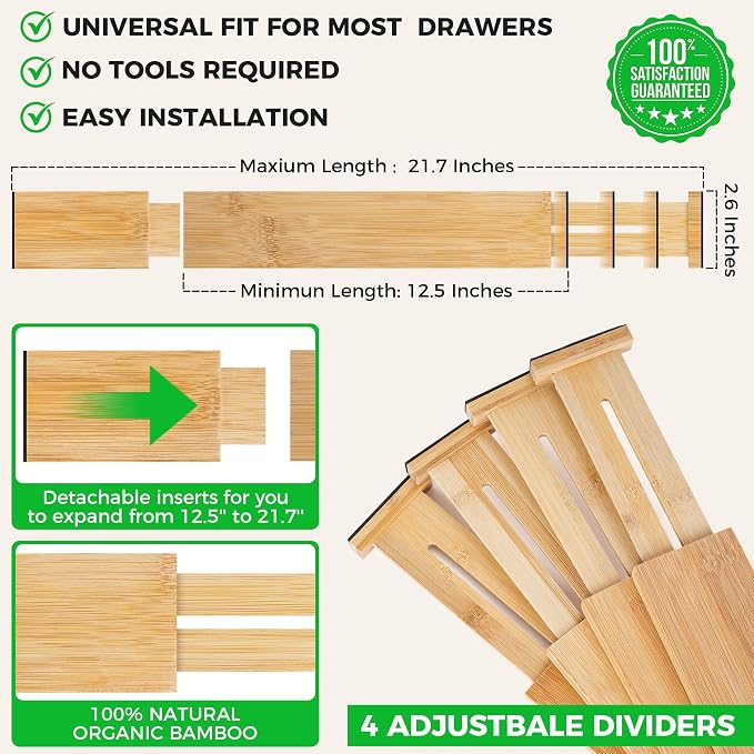 4 Pack Bamboo Drawer Dividers Organizer with Inserts 2.6'' High, Expandable from 12.5-21.7", Adjustable Drawer Organizer Separators for Utensils, Clothing, Office, Dresser, Bedroom, (Beige) - Image 3