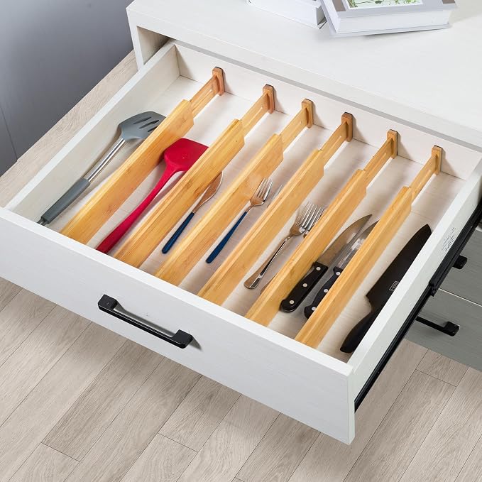 VaeFae Adjustable Bamboo Drawer Dividers, Expandable Drawer Organizer for Kitchen, Bedroom, Bathroom, Dresser and Office, 6-Pack - Image 7