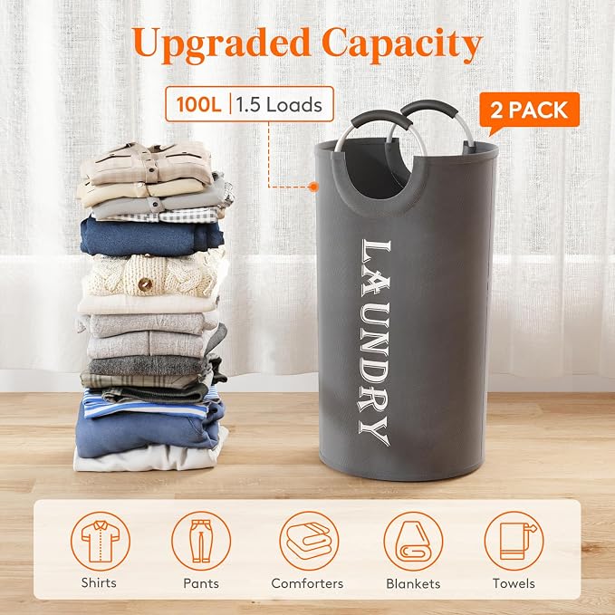 Lifewit 100L 2-Pack Large Laundry Basket, Collapsible Laundry Hamper with Aluminum Handles, Waterproof Freestanding Dirty Clothes Hampers for Laundry Room Bedroom Dorm Bathroom, Grey - Image 4