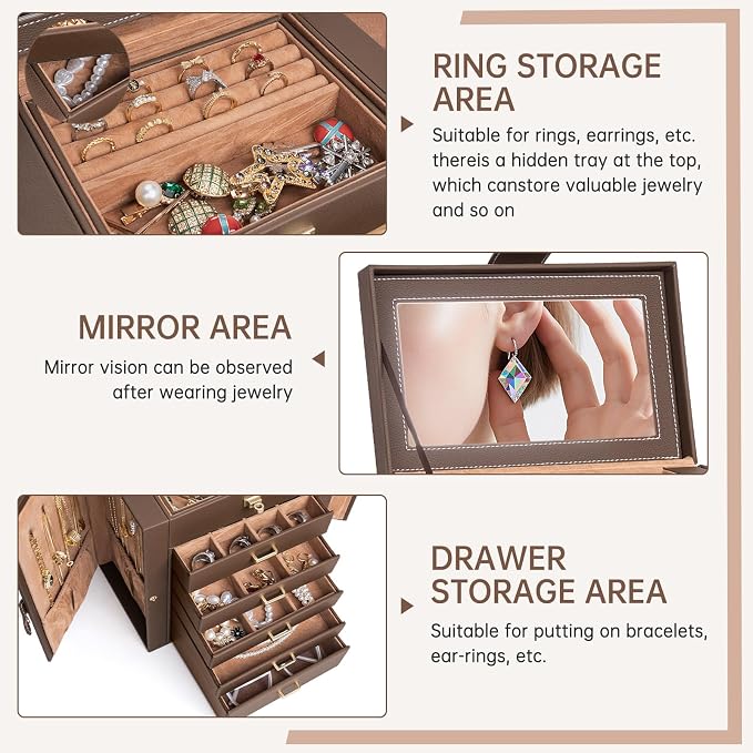 AKOZLIN 6-Tier Jewelry Box Organizer Functional 5 Drawers Leather Jewelry Storage Case for Women Girls Ring Necklace Earring Bracelet Holder Organizer with Mirror Brown - Image 2