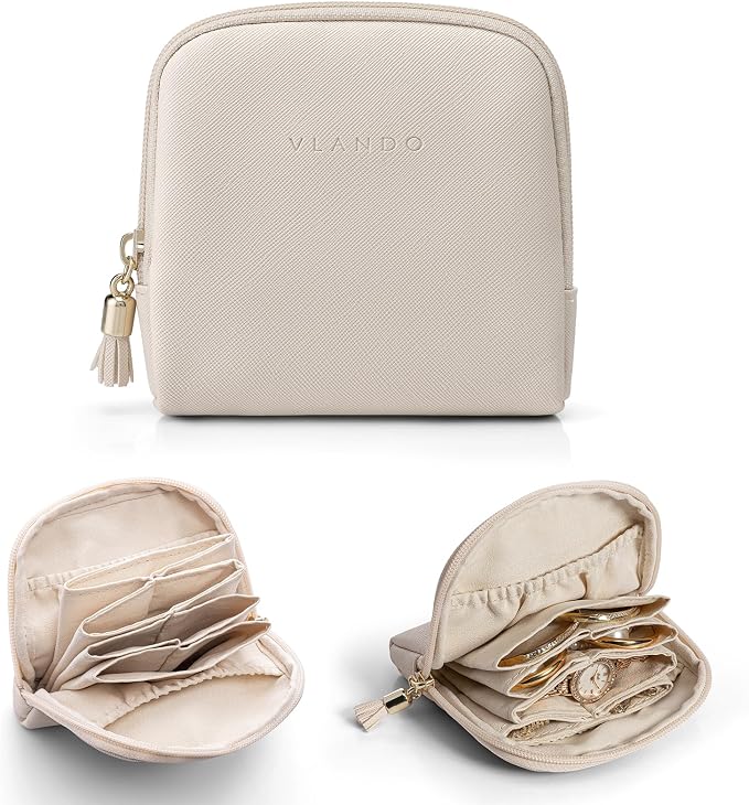 VLANDO Small Jewelry Travel Case,Jewelry Pouch Bags with Zipper,Velvet Jewelry Organizer Storage Bag for Bracelet Rings Earring Travel Essentials Gifts for Women Girl-Beige by VLANDO