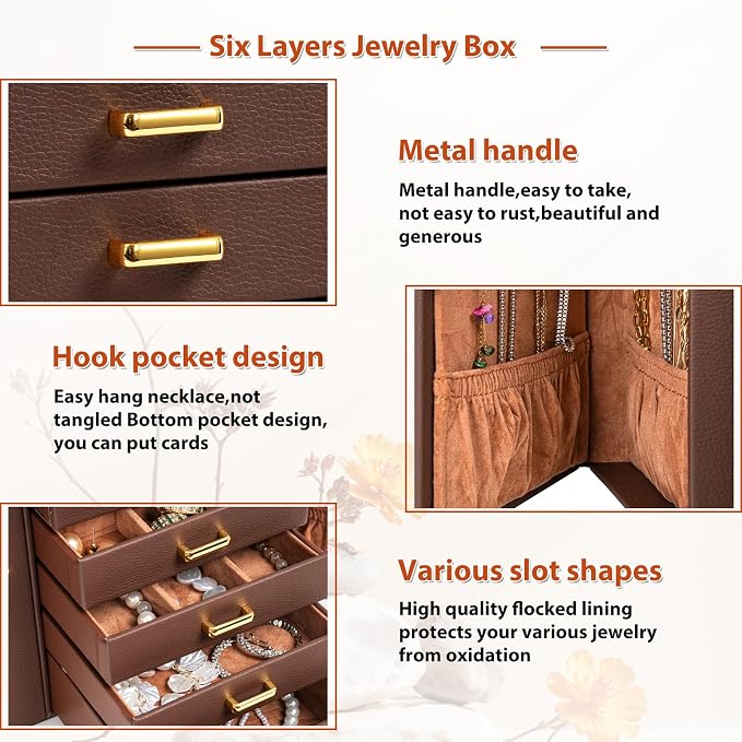 AKOZLIN Jewelry Box Organizer Functional Leather Jewelry Storage Case for Women Girls Ring Necklace Earring Bracelet Holder Organizer with Mirror Brown - Image 6