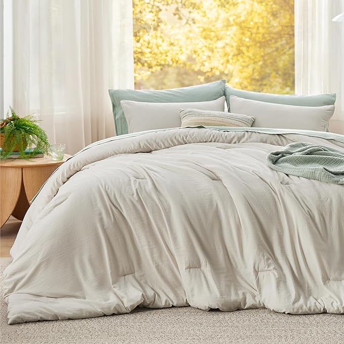Bedsure Super King Plus Comforter Set, Beige Soft Prewashed Bedding for All Seasons, 3 Pieces GentleSoft™ Bed Set, 1 Lightweight Comforter (128"x120") and 2 Pillowcases (20"x36")