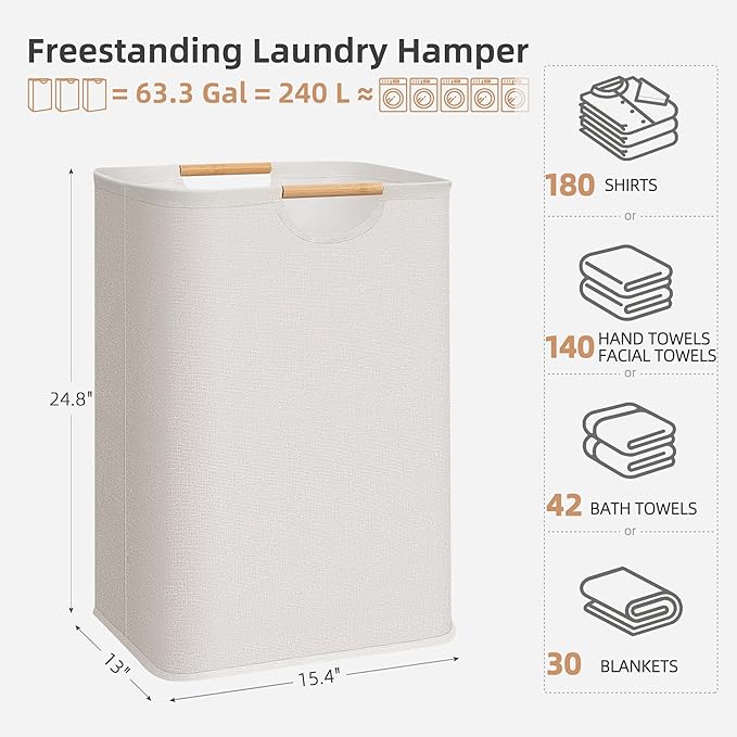 STORAGE MANIAC 3-Pack Large Laundry Hamper, 80L (21.1 Gal) Collapsible Laundry Basket with Bamboo Handles, Freestanding Waterproof Clothes Hamper for Laundry Room, Bedroom, Dorm, Towels, Toys, Beige - Image 3