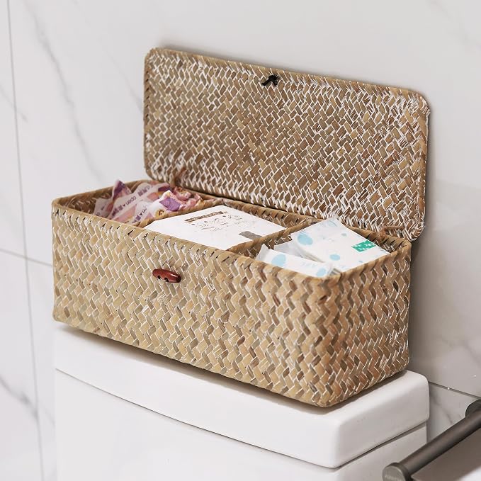Whitewash Seagrass Tank Basket with Lid Woven Toilet Roll Storage Basket with Sections Rectangular for Organize Snack Toys (Large Compartment 16.5inch L x 5.5inch W x 5.5inch H) - Image 8