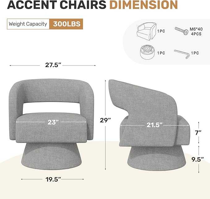 Nebuaegis Swivel Accent Chair, Modern Comfy Chenille Barrel Chairs, Oversized Upholstered Round Arm Chair for Living Room, Bedroom, Reading Room, Grey, 1 PCS