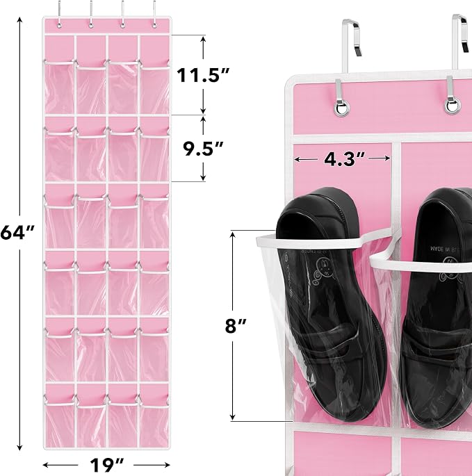 Simple Houseware 24 Pockets - Crystal Clear Over The Door Hanging Shoe Organizer, Pink (64'' x 19'') - Image 2