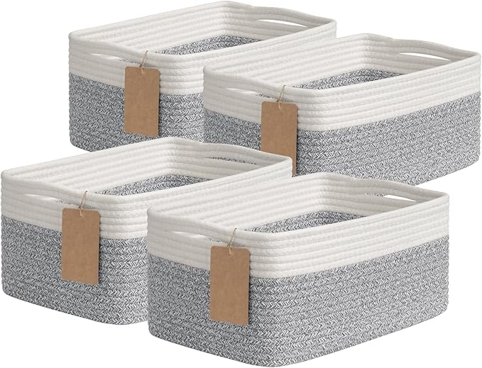 Goodpick 4 Pack Storage Baskets for Shelves, Rectangle Woven Baskets for Organizing, Decorative Closet Bins with Handles, Shelf Basket for Baby Toy Storage, 13''L x 8''W x 6''H, Gray & White by Goodpick