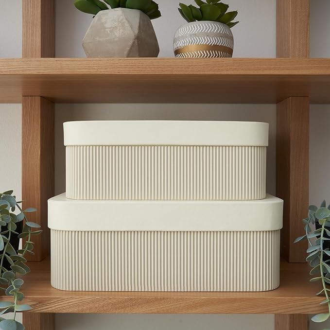 Decorative Storage Boxes with Lids – Set of 2 Beautiful Fluted Cardboard Organizer Bins for Your Home Bookshelf Decor to Safely Store Your Documents, Memory Box Items and Other Keepsakes in Style - Image 7