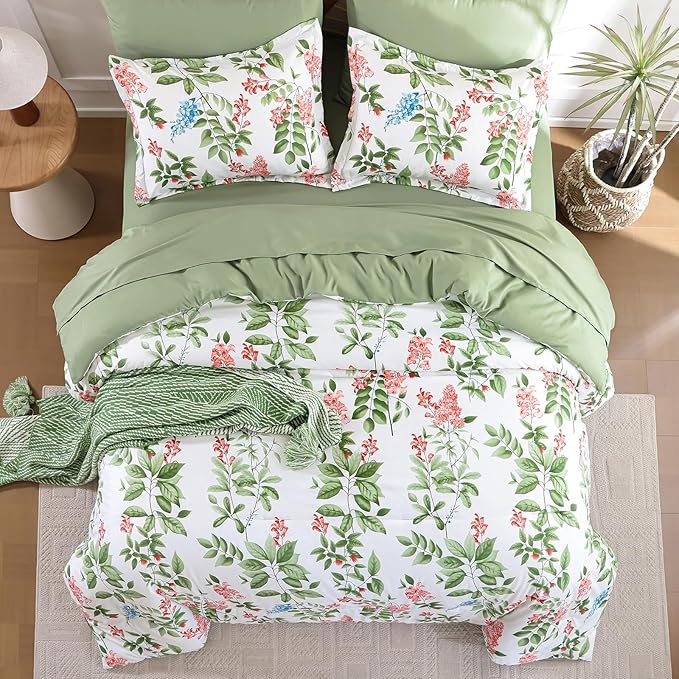 Green Comforter Set King Size Floral 7-Piece Bedding Set,Botanical Comforter Set with Pillowcases,Soft Microfiber Complete Bedding Sets for All Season