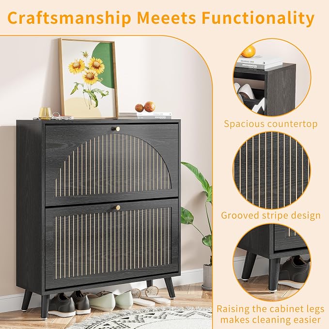 Fsbecl Shoe Storage Cabinet for Entryway with 2 Flip Drawers, Narrow Wood Shoe Cabinet with Fluted Panel, Freestanding Hidden Shoe Organizer for Foyer, Hallway (Black - with Shelf) - Image 4
