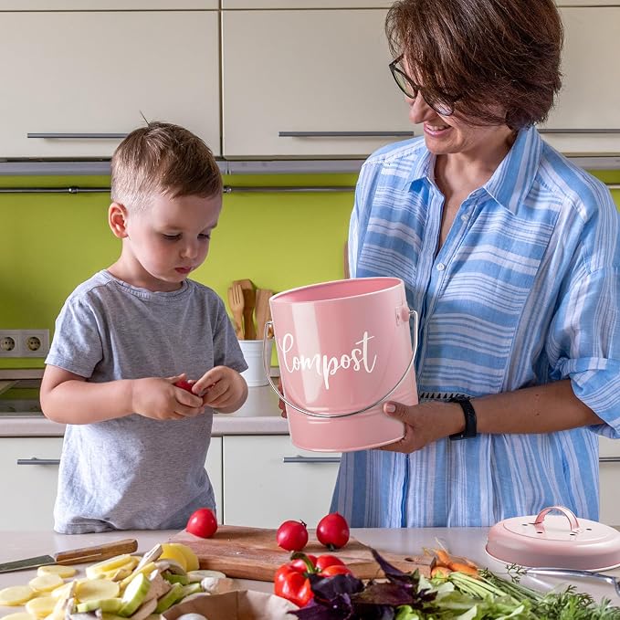 DAYYET Compost Bin Kitchen, 1.3 Gallon Farmhouse Kitchen Compost Bin Countertop, Indoor Countertop Compost Bucket with Lid and Charcoal Filters, Pink - Image 7