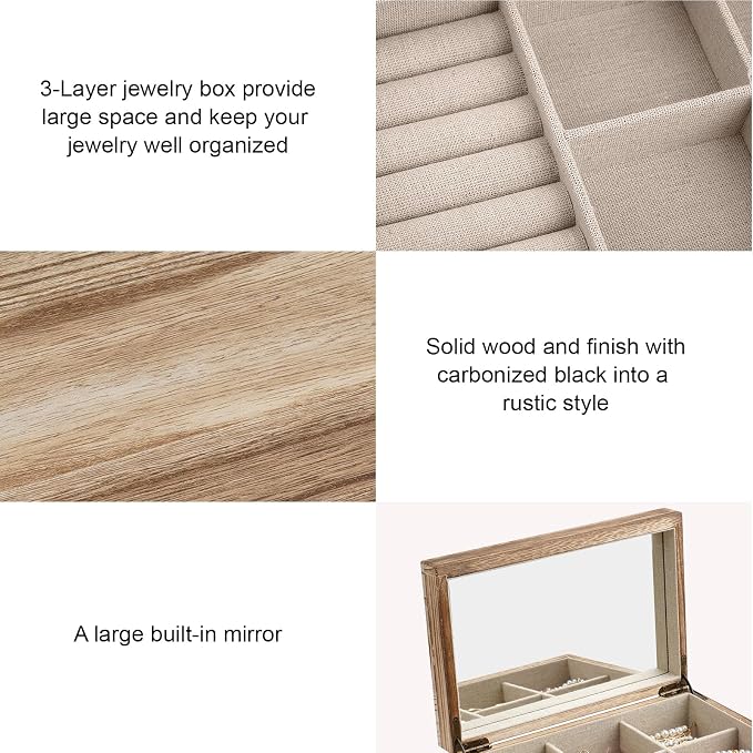 Meangood Jewelry Box Organizer for Women, 3 Layer Large Jewelry Storage Case, Rustic Wooden Jewelry Box with Mirror & Ring Tray for Necklace Earring Bracelets Rings, Vintage Style (Carbonized Black) - Image 5