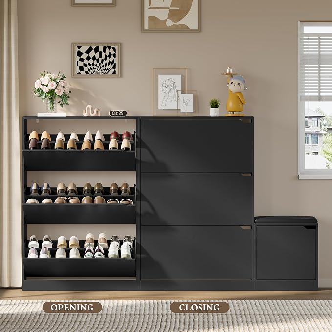 BORNOON Shoe Cabinet with Bench and 3 Flip Drawers, Slim Narrow Shoe Storage Cabinet, Freestanding Shoe Rack Organizer with Adjustable & Removable Shelves, Anti-Tip for Entryway, Hallway, Foyer - Image 5