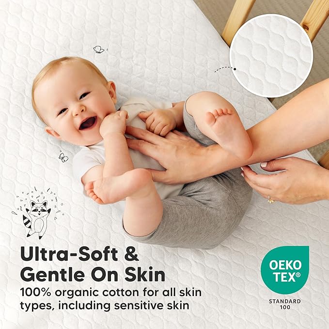 1-Pack Waterproof Crib Mattress Protector Cover Fitted - Quiet Baby Crib Mattress Pad Sheets, 52" x 28" Soft Quilted Cotton Baby Sheet, Machine Washable, Easy Fit, Durable (Soft White/Mavy)