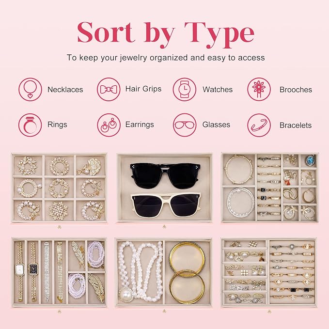 Dajasan Jewelry Box for Girls Women, 6-Tier Large Jewelry Organizer Box, Jewelry Storage Organizer, Jewelry Gift Box for Christmas, Valentine's Day, Birthday, Mother's Day (Pink) - Image 4