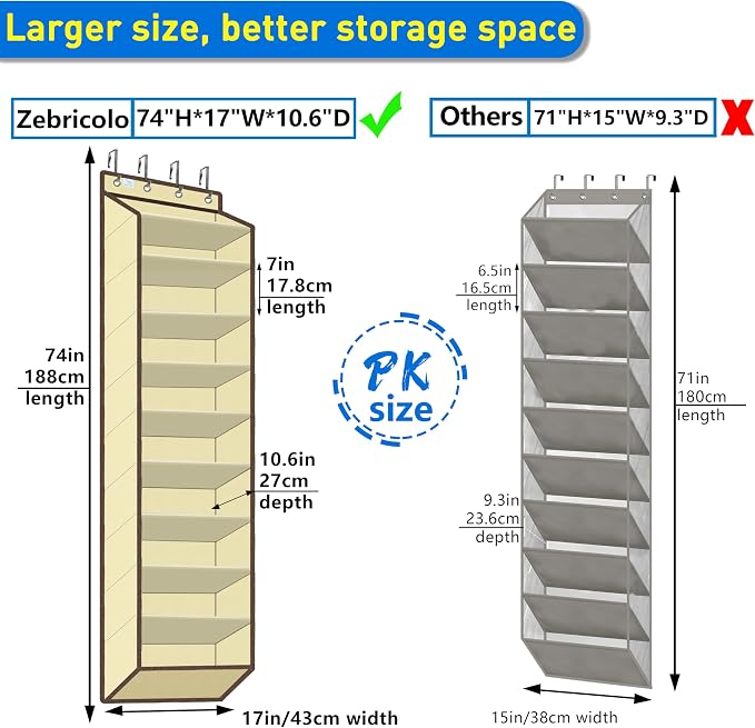 Over The Door Shoe Organizer, 70 Pounds Large Capacity, 20-30-Pair shoe organizer, Heavy Duty-Extra Deep Pockets ,Anti-Scratch Hooks & FSC-Certified Bamboo ,Engineered for Men’s Size 13 shoe,Beige - Image 2