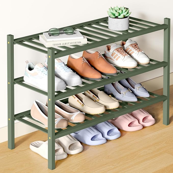 Smiry Bamboo Shoe Rack for Closet, 3 Tier Wooden Stackable Shoe Organizer, Free Standing Shoes Storage Shelf for Entryway, Front Door Entrance, Green by Smiry