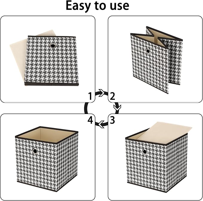 Foldable Storage Cubes Bins,11 Inch Cloth Storage Cube Fabric Storage Box Cubes Organizer Baskets with Dual Handles for Home Organizer Set of 3 (Houndstooth) - Image 6